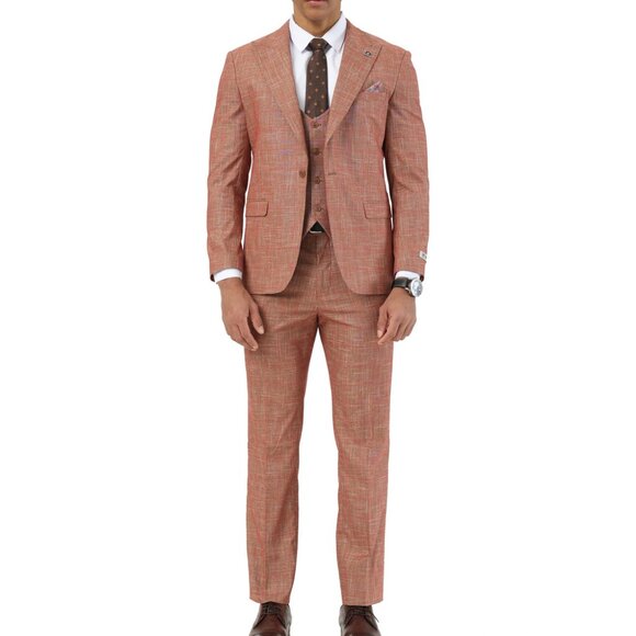 Orange Textured Windowpane Peak Lapel 3 Piece Stacy Adams Men's Suit - Picture 1 of 3